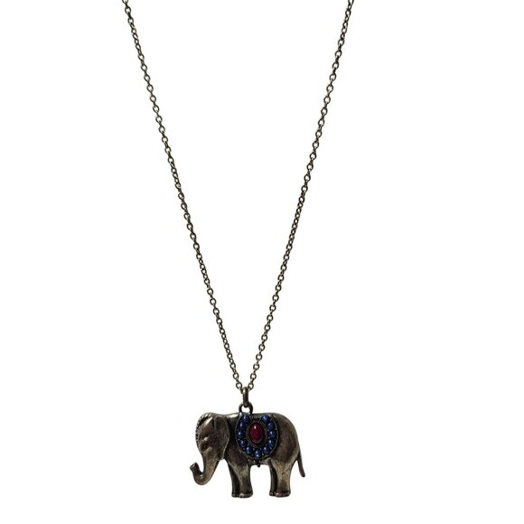 Antique Gold Elephant Pendant Necklace Red Blue Gemstone Accents Fashion Jewelry - Picture 2 of 7